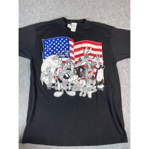 Vintage Looney Tunes Characters American Flag Graphic Tee Mens XL Black Retro